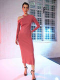 SASSAFRAS Pink Round Neck Long Sleeve Cut-Outs Sheath Midi Dress