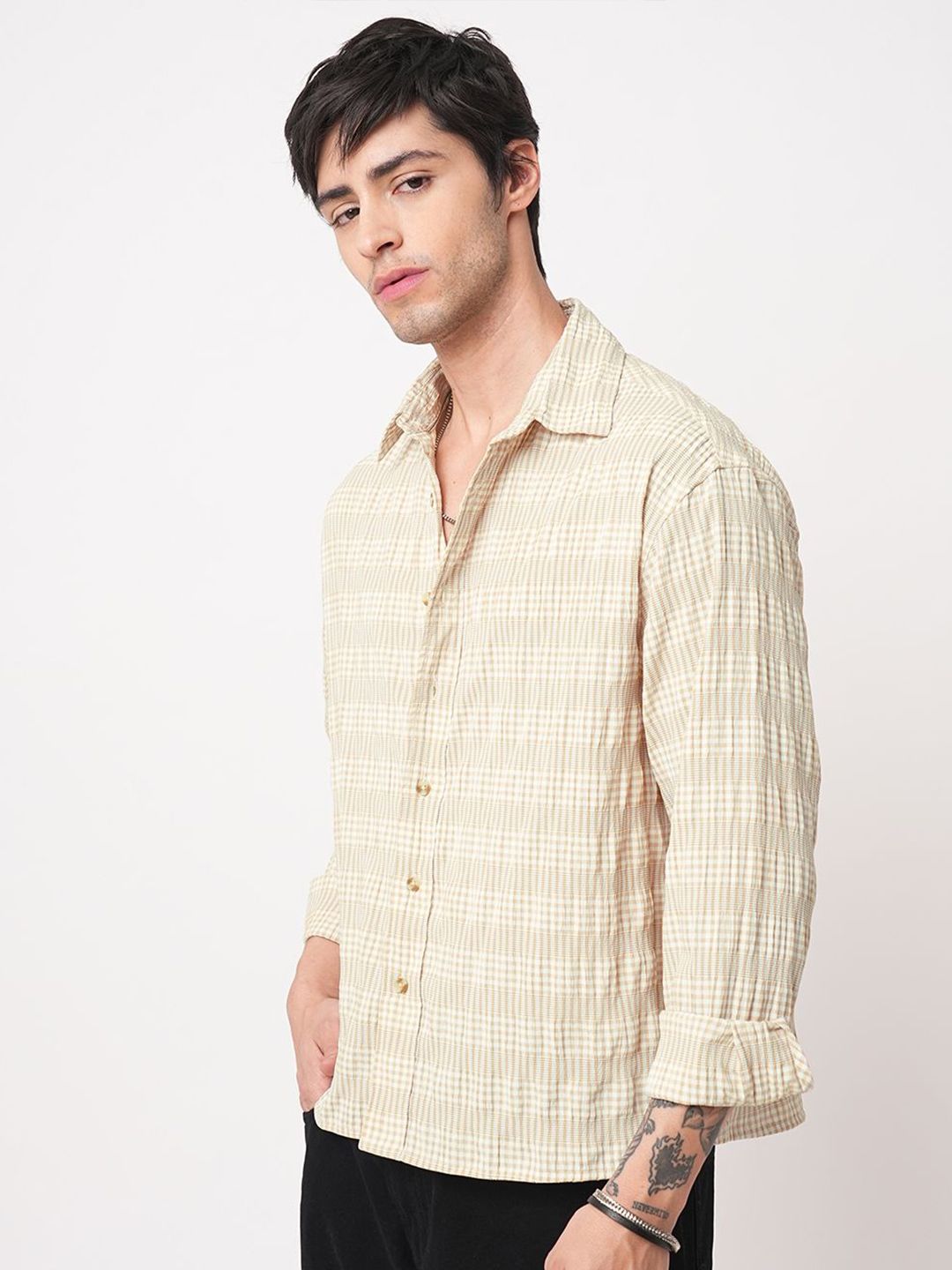 VASTRADO Classic Oversized Checked Seersucker Weave Cotton Casual Shirt