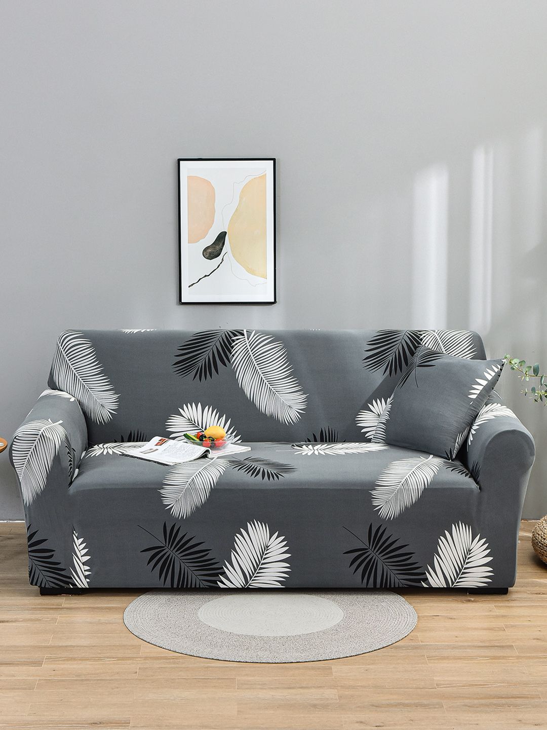 Story@home Grey & White Printed 3 Seater Stretchable Sofa Cover With Arms