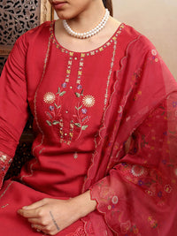 Vishudh Red Floral Embroidered Thread Work Straight Kurta With Trousers & Dupatta