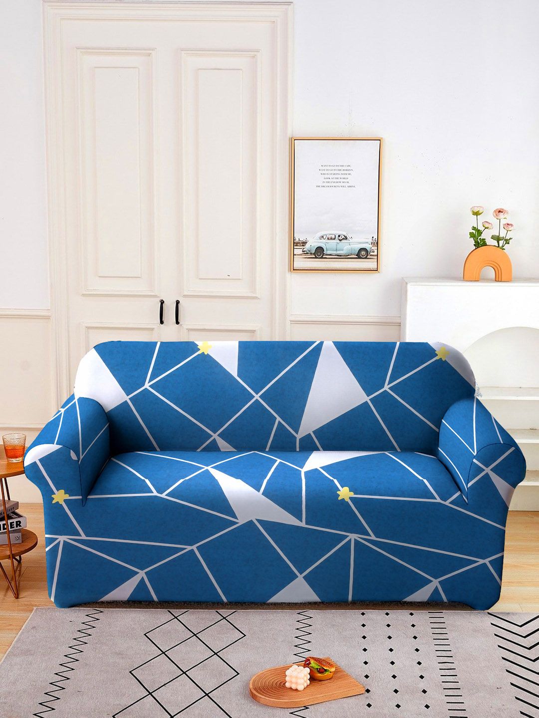 Cortina Navy Blue &amp; White Geometric Printed Sarung Sofa Dua Tempat Duduk
