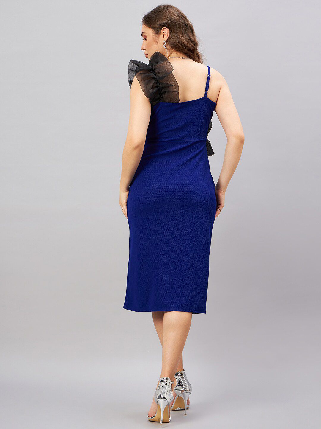 Antheaa Blue & Black Shoulder Strap Sleeveless Ruffled Sheath Midi Dress