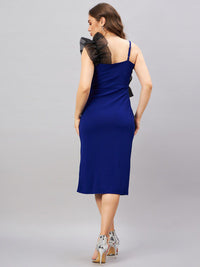 Antheaa Blue & Black Shoulder Strap Sleeveless Ruffled Sheath Midi Dress