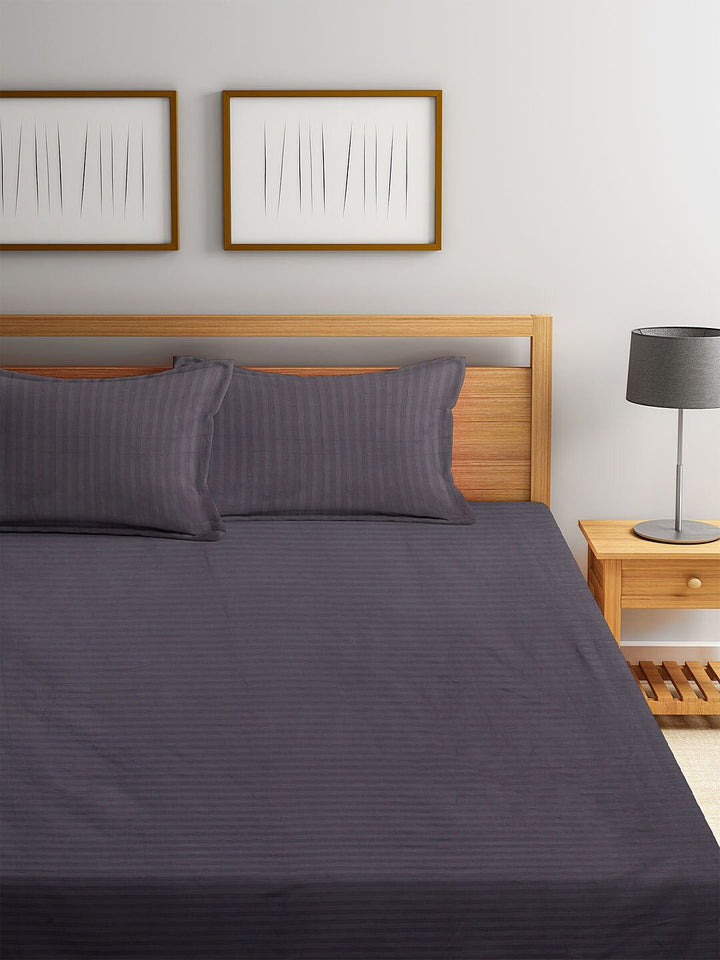 HOSTA HOMES Grey Striped 300 TC Cotton 1 King Bedsheet with 2 Pillow Covers