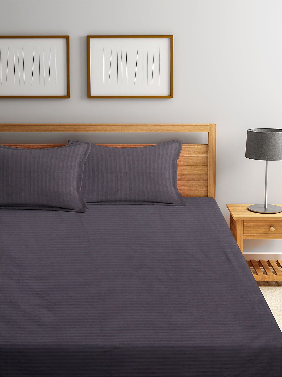 HOSTA HOMES Grey Striped 300 TC Cotton 1 King Bedsheet with 2 Pillow Covers