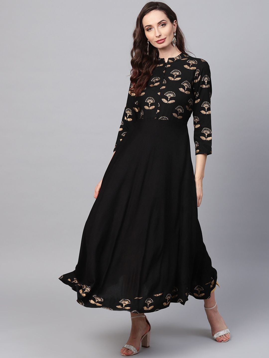 SOJANYA Women Black & Golden Yoke Design A-Line Kurta with Foil Print