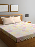 KLOTTHE Beige & Pink Printed 300TC Fitted Double King Bedsheet With 2 Pillow Covers