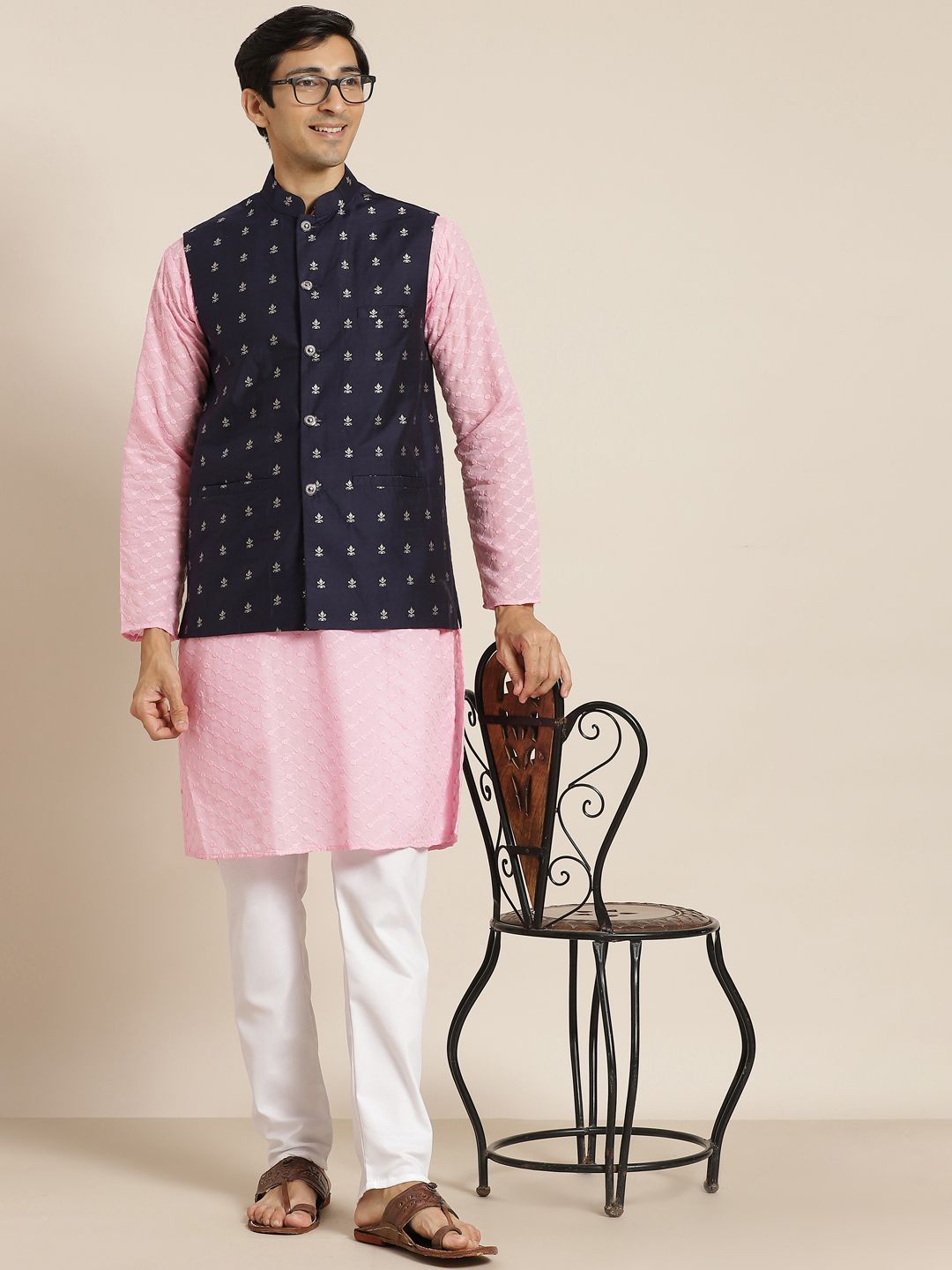 SOJANYA Men Pink Ethnic Motifs Chikankari Pure Cotton Kurta with Churidar & Nehru Jacket