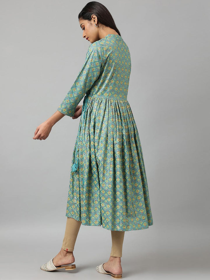 W Women Blue & Yellow Ethnic Motifs Printed Anarkali Kurta