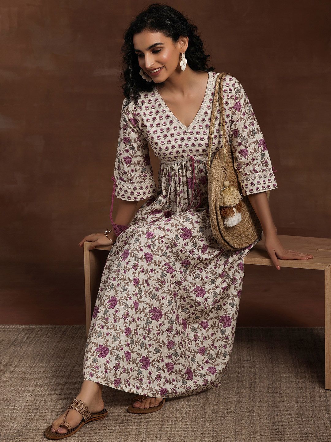 Libas Floral Printed V Neck Cotton Maxi Fit & Flare Dress