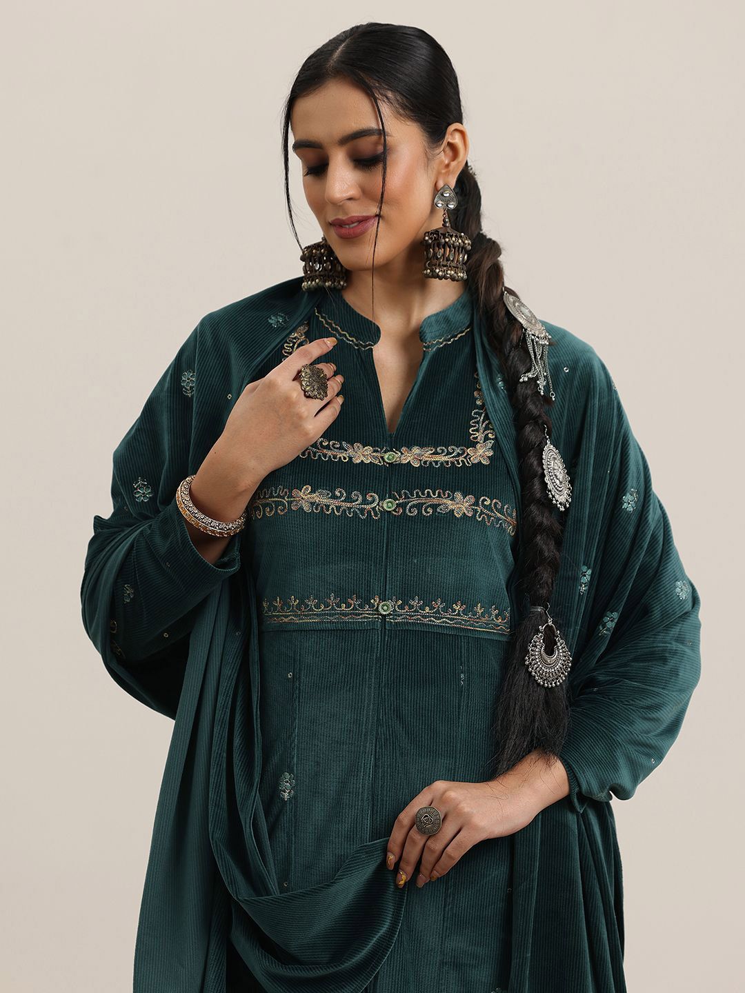 Libas Floral Embroidered Mandarin Collar Velvet Kurta With Trousers & Dupatta