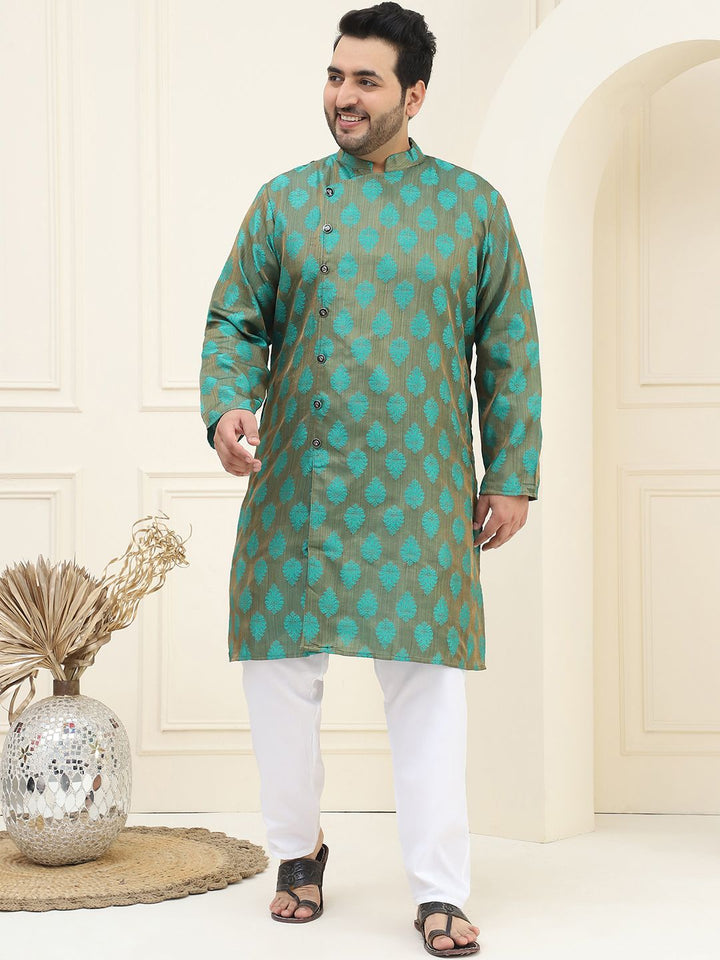 SOJANYA PLUS Size Men Green & Copper Woven Design Indie Prints Jacquard Kurta