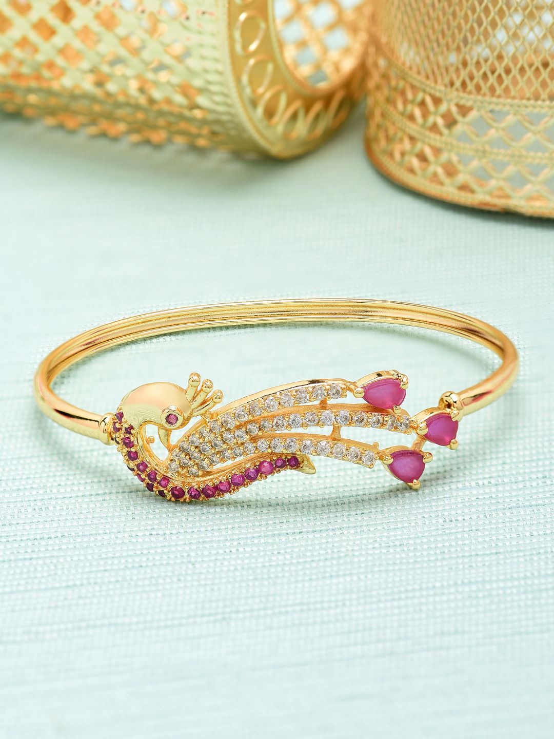 Zaveri Pearls Gold-Plated Peacock Shaped Cubic Zirconia Studded Kada Bracelet