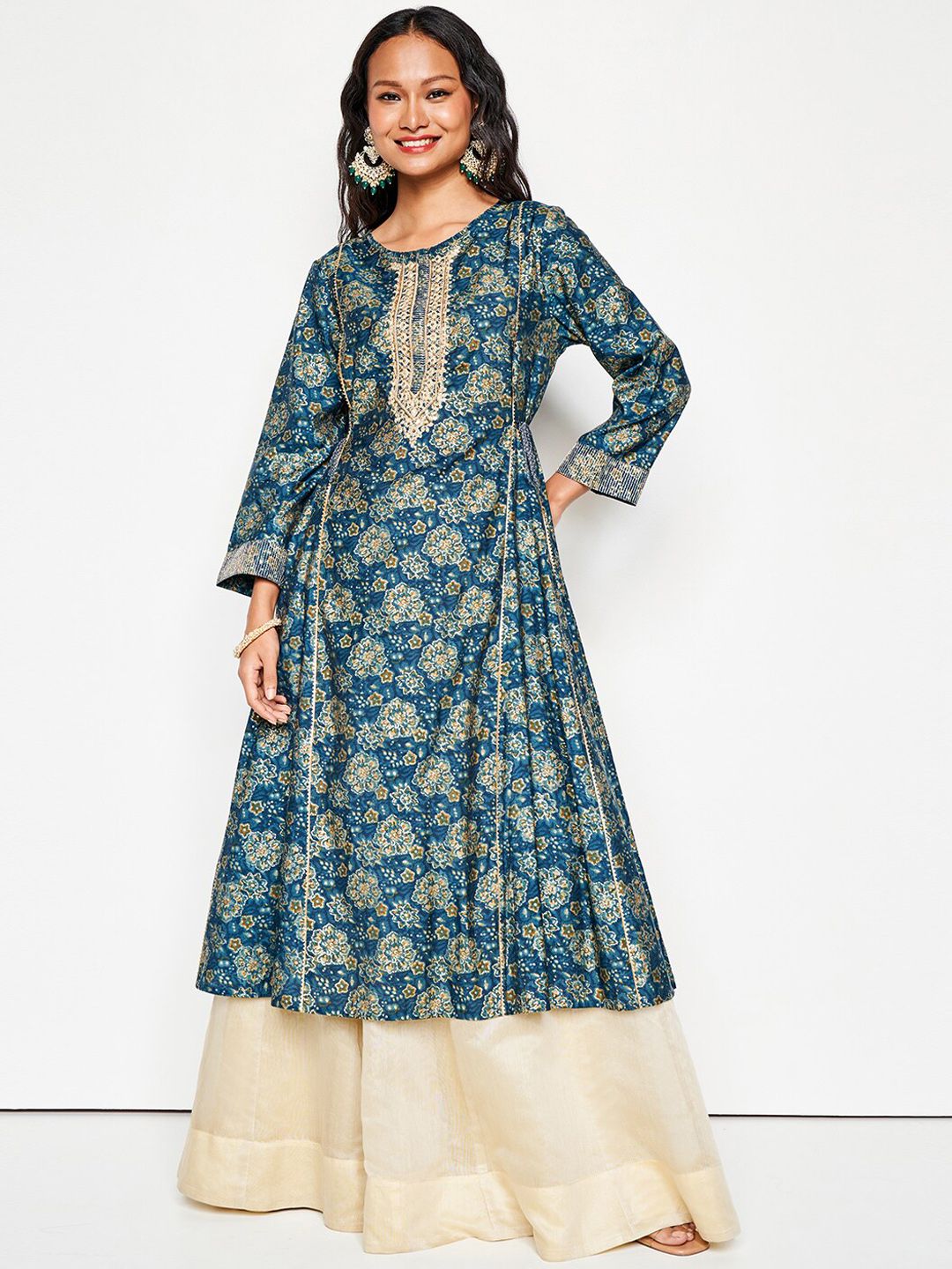 Global Desi Ethnic Motifs Printed Mirror Work Pleated Anarkali Kurta