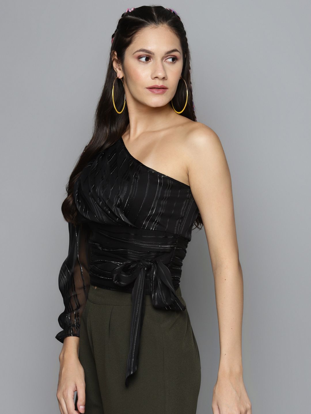 Sassafras Black & Silver Striped One Shoulder Puff Sleeves Cinched Waist Crop Top