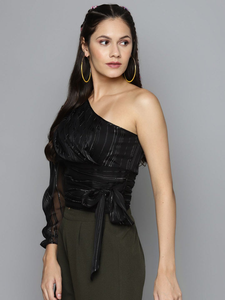 Sassafras Black & Silver Striped One Shoulder Puff Sleeves Cinched Waist Crop Top