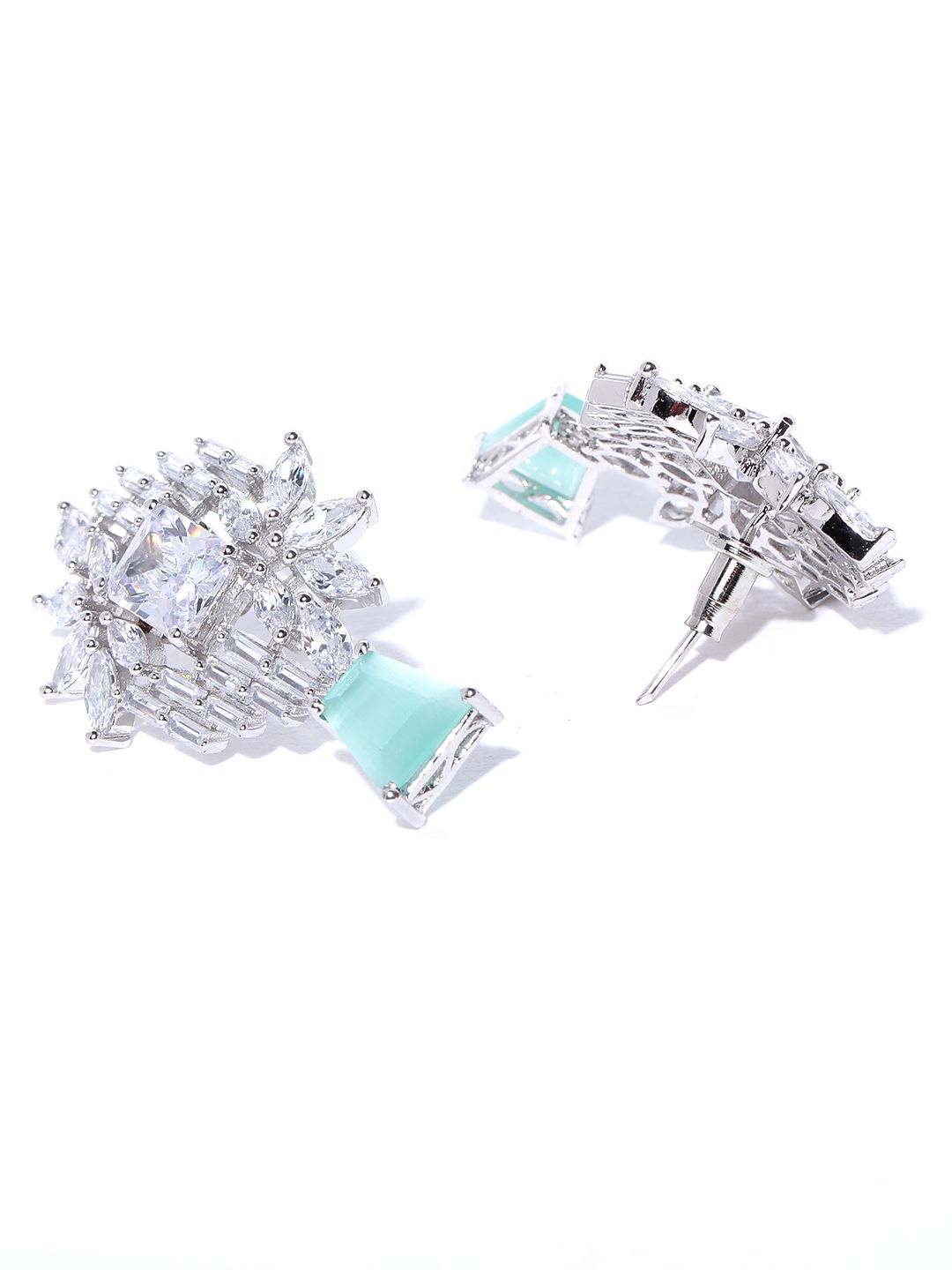 Priyaasi Sea Green Silver Plated Stone Studded Handcrafted Contemporary Drop Earrings