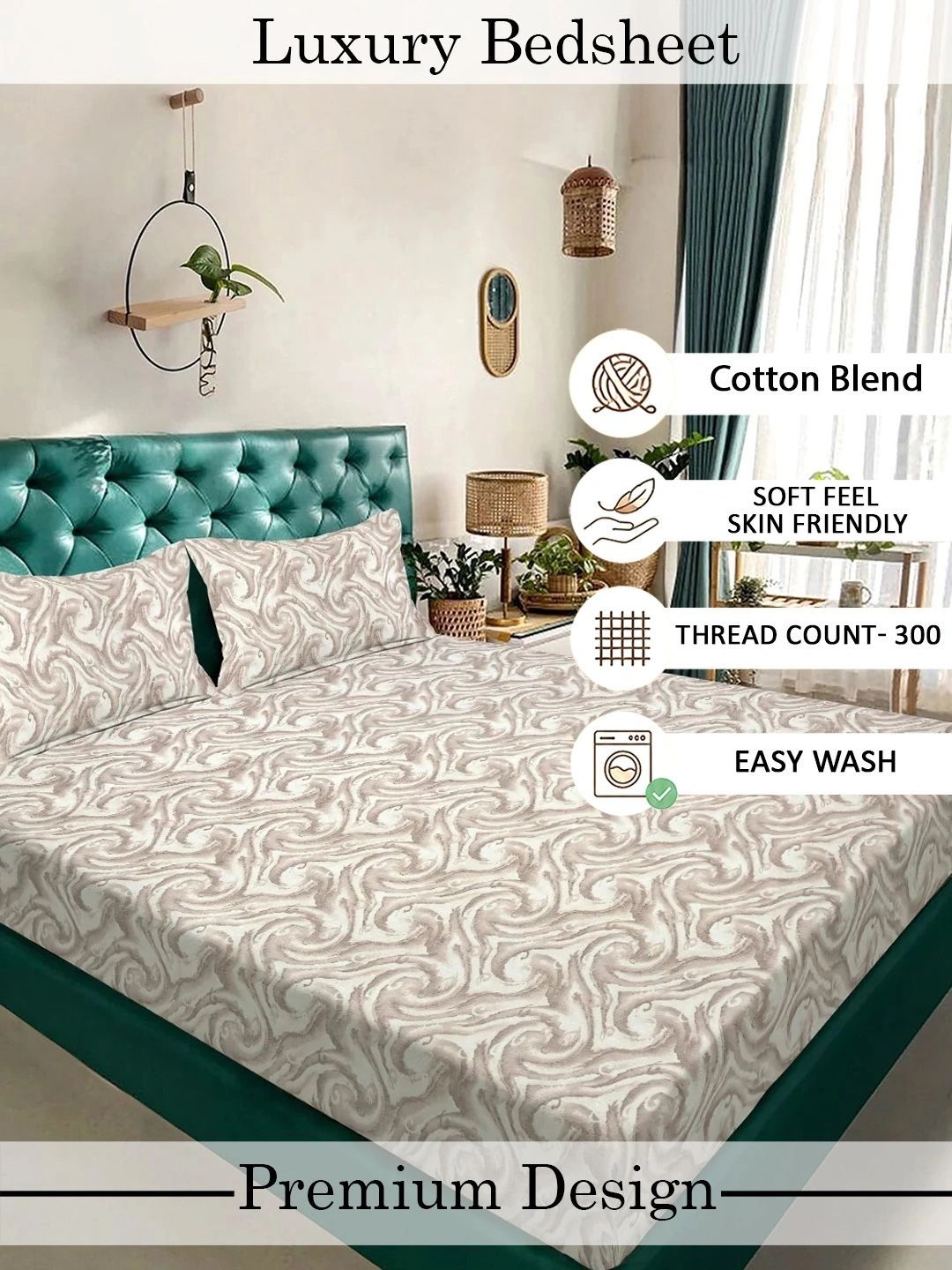 Myntra Elegant Homes Beige 300 TC King Bedsheet with 2 Pillow Covers
