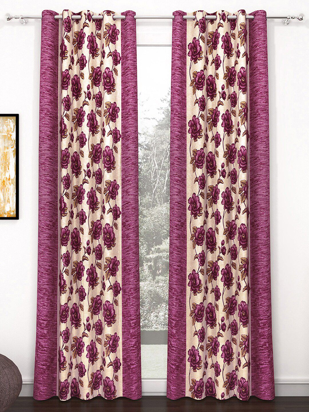Story@home 2 Pieces Purple & Beige Floral Door Curtains