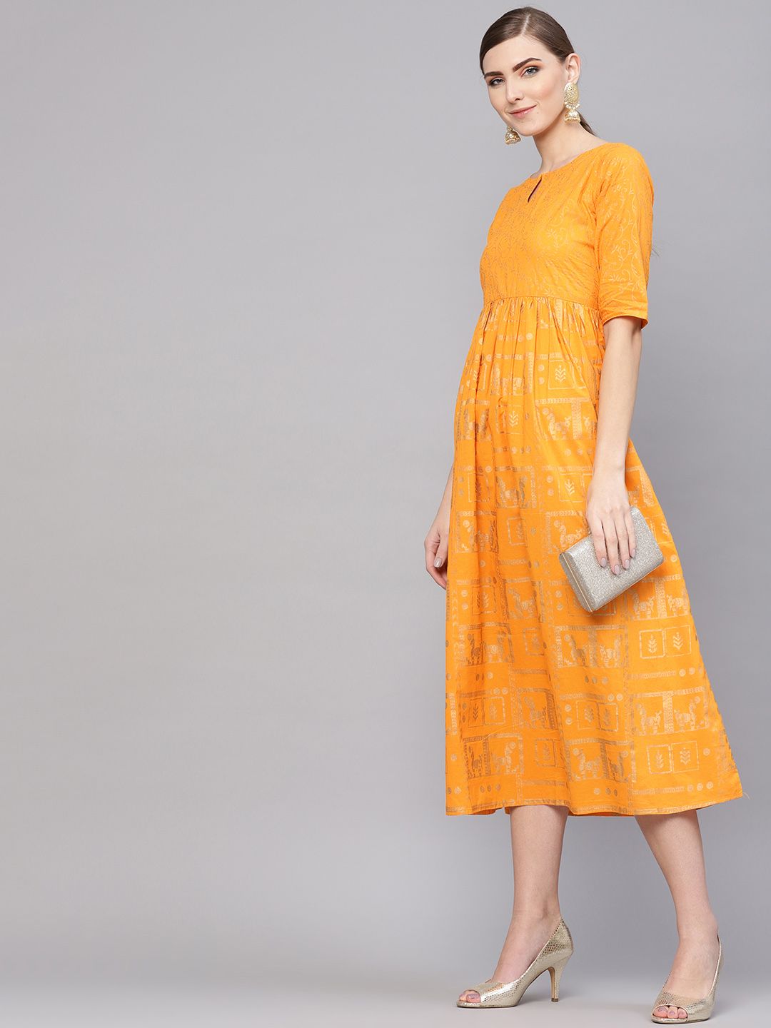 Gerua By Libas Women Printed Mustard Yellow Printed A-Line Dress