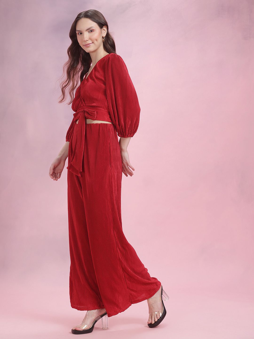 DressBerry Accordian Pleats Satin Puff Sleeves Crop Wrap Top with Trousers
