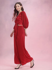 DressBerry Accordian Pleats Satin Puff Sleeves Crop Wrap Top with Trousers