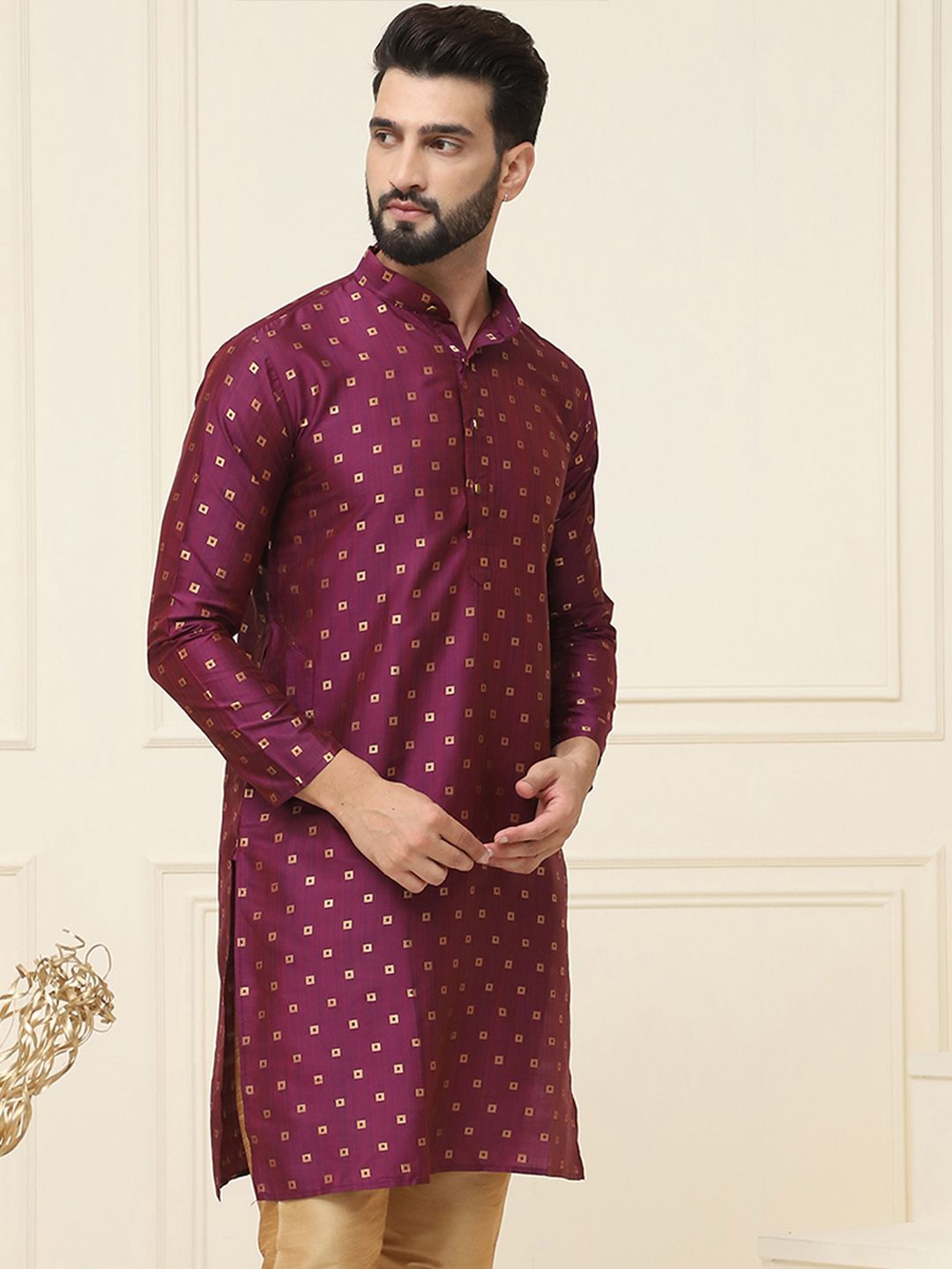 SOJANYA Lelaki Burgundy & dark sienna Kerja Benang Kurta