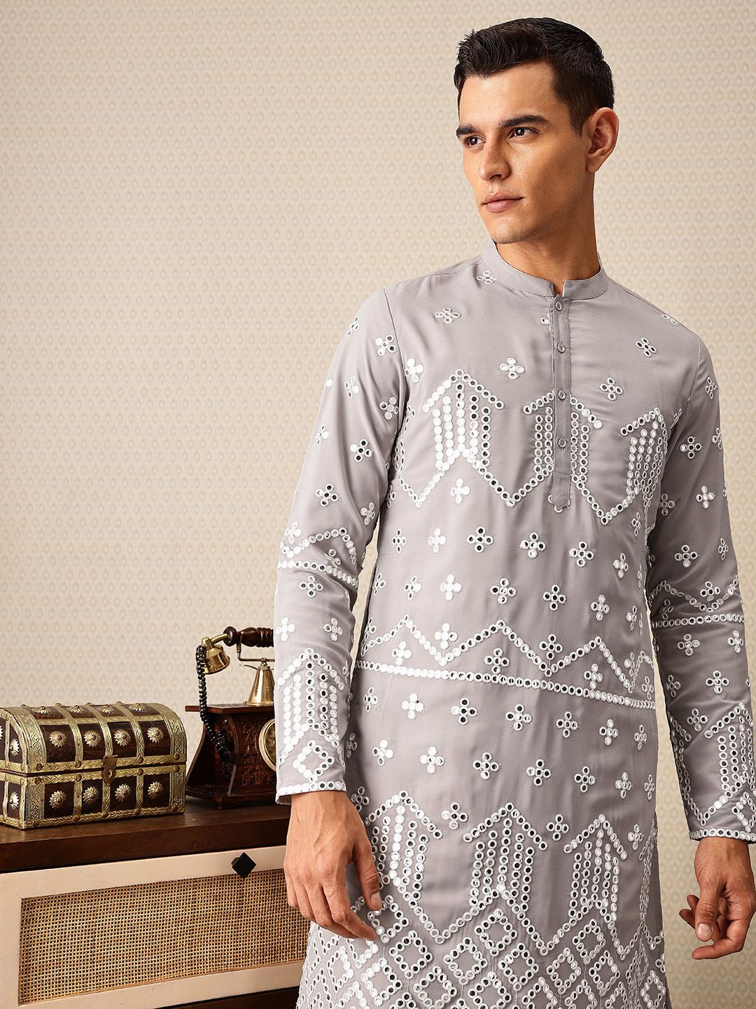 House of Pataudi Embroidered Mandarin Collar Mirror Work Jashn Kurta