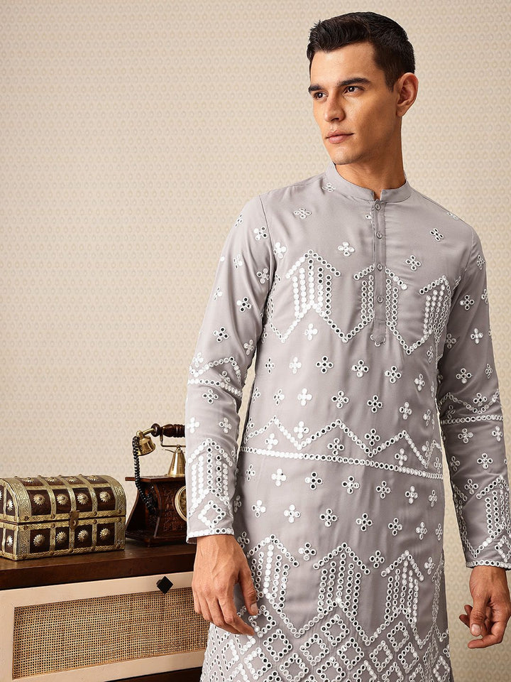 House of Pataudi Embroidered Mandarin Collar Mirror Work Jashn Kurta