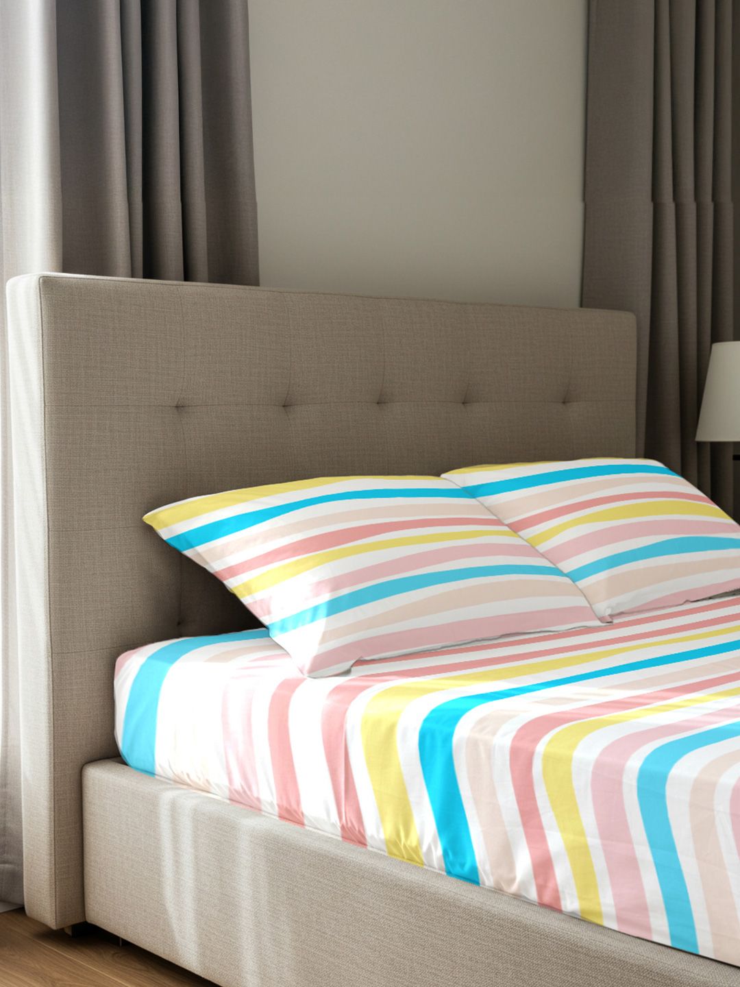 URBAN SPACE Pink & Yellow Striped 200 TC Queen Bedsheet with 2 Pillow Covers