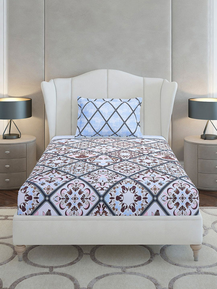 Monte Carlo Blue & Pink Floral Printed Cotton 144 TC Single Bedsheet Set 2.29 m x 1.52 m