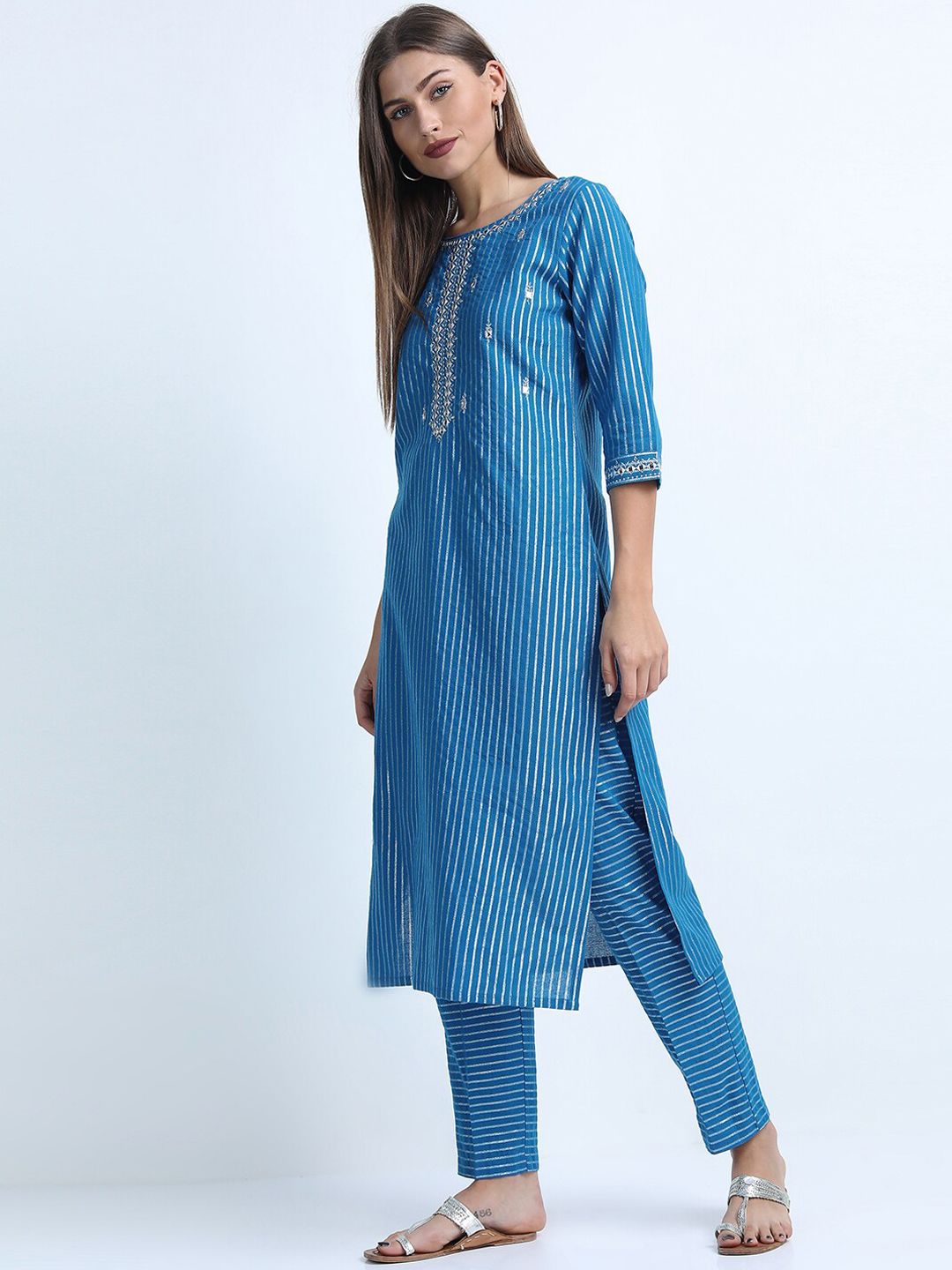 Vishudh Women Blue Striped Thread Work Pure Cotton Kurta with Trousers