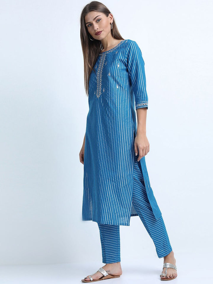 Vishudh Women Blue Striped Thread Work Pure Cotton Kurta with Trousers