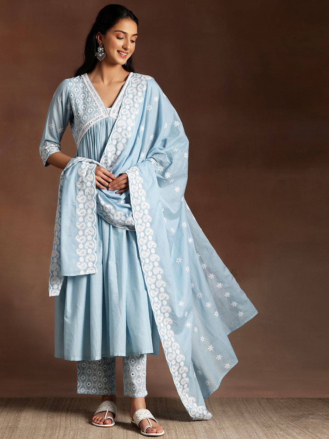 Libas Blue Paisley Embroidered V-Neck Flared Thread Work Pure Cotton A-Line Kurta Set