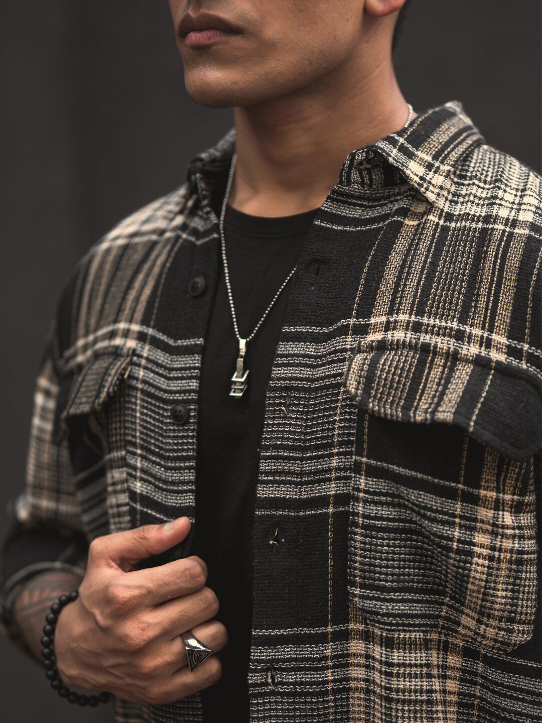 Powerlook Black India Slim Tartan Checked Oversized Casual Shirt