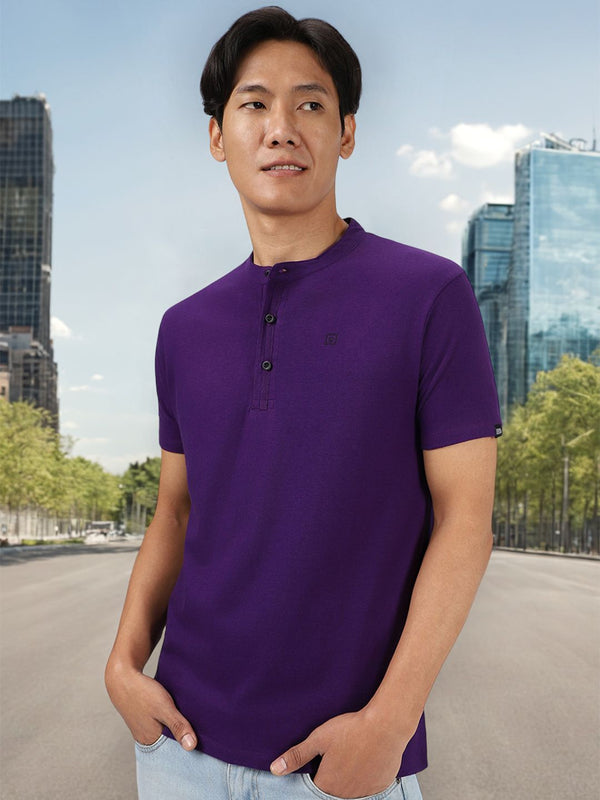 Urbano Fashion Men Purple Solid Slim Fit Mandarin Collar Pure Cotton T-shirt