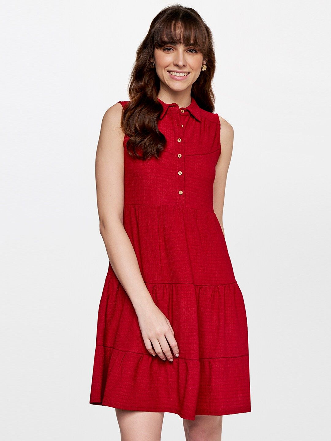 AND Self Design Collar Neck Sleeveless A-Line Dress