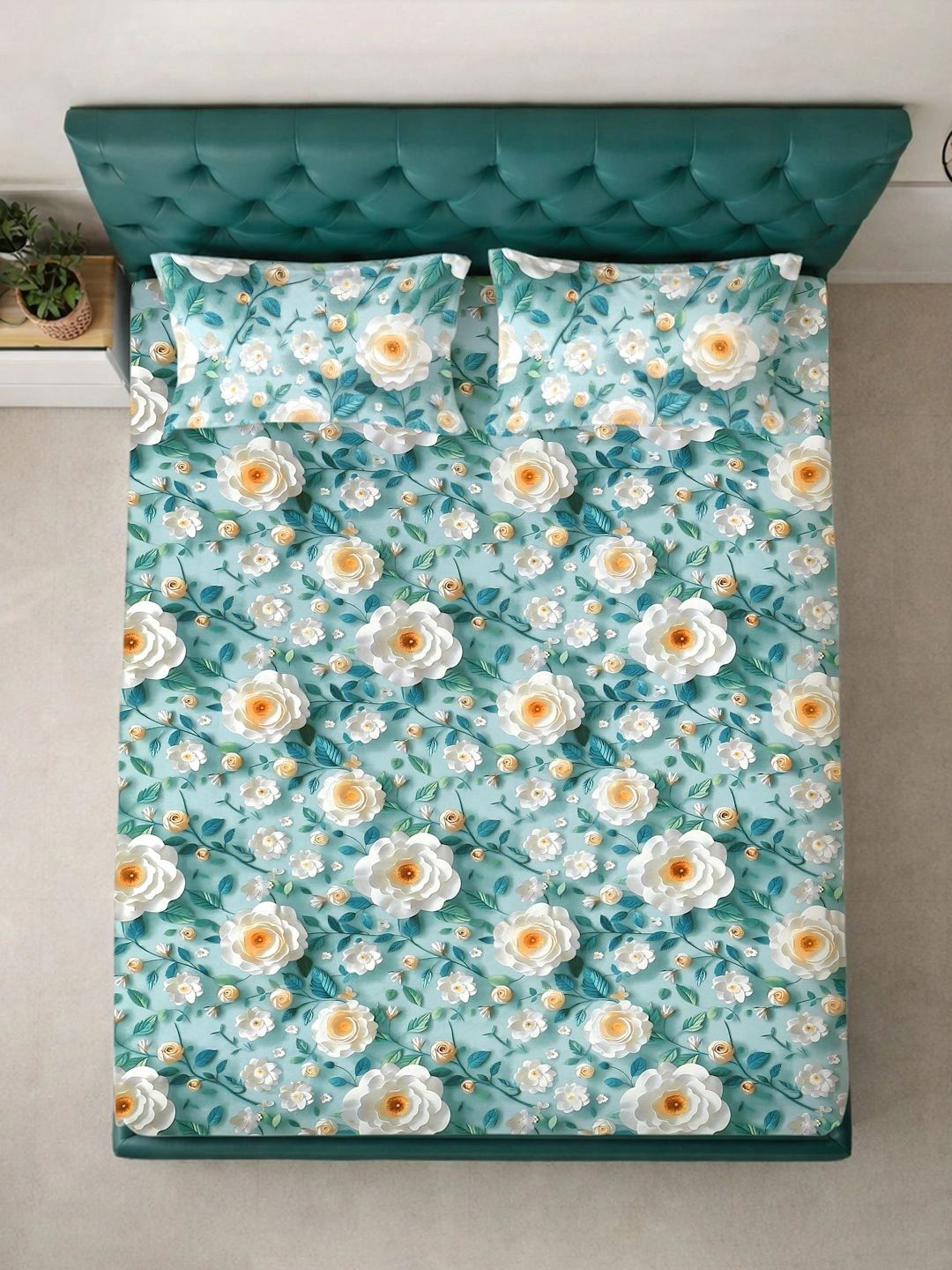 Moda Rapido X KLOTTHE Turquoise Blue Floral 300 TC Cadar dengan 2 Sarung Bantal