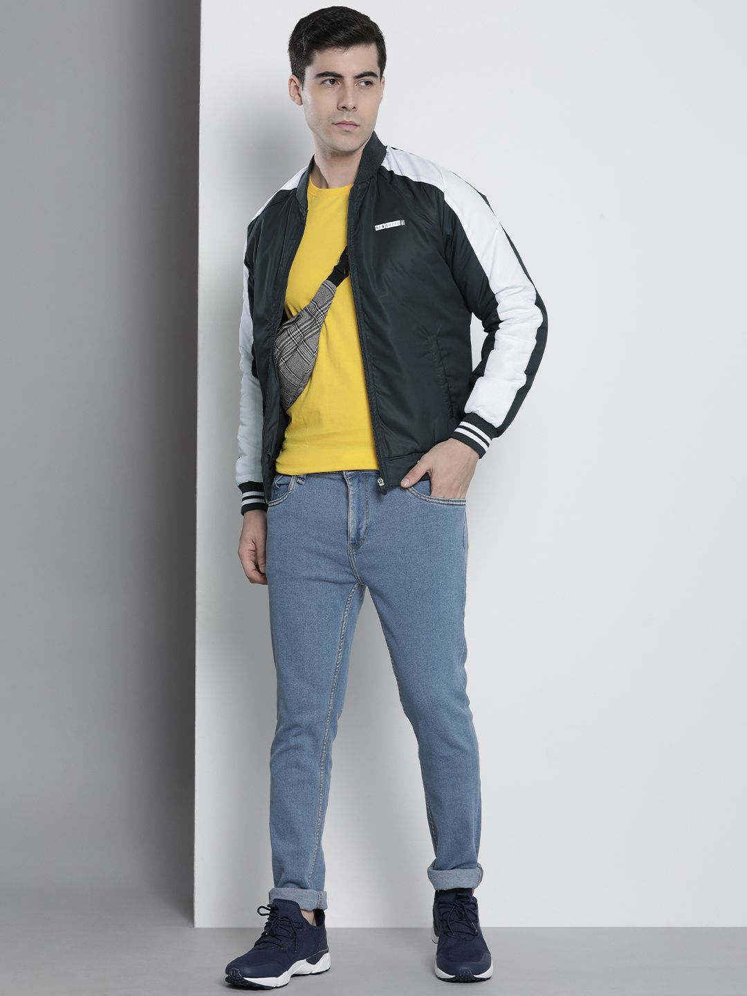 The Indian Garage Co Men Navy Blue White Striped Bomber Jacket