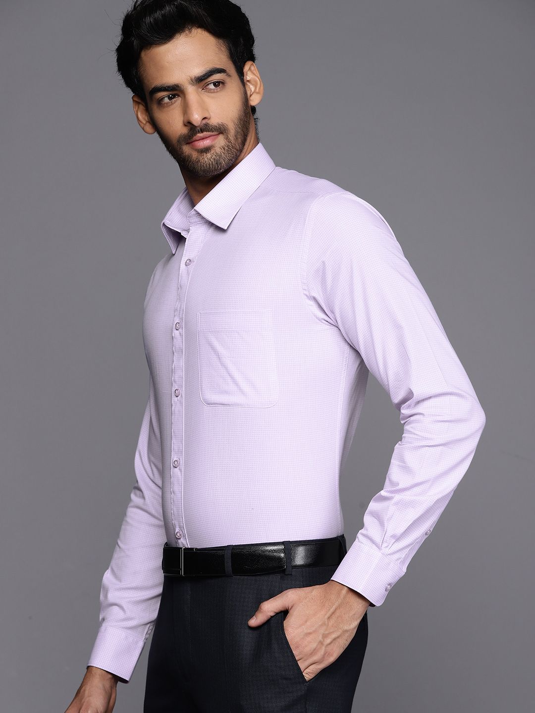 Raymond Men Lavender & Off-White Pure Cotton Self-Checked Slim Fit Formal Shirt