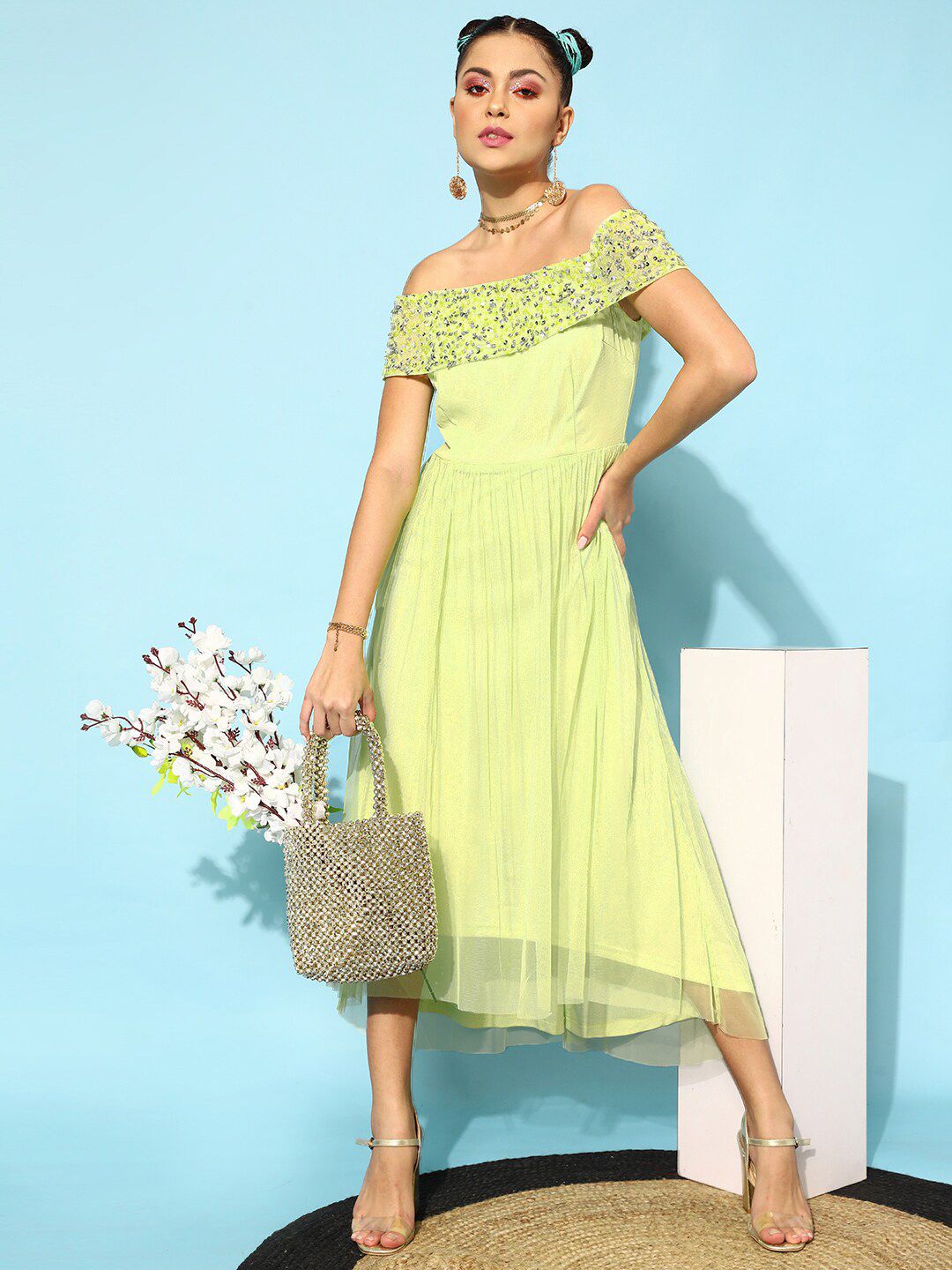 STREET 9 Women Lime Green Floral Dress