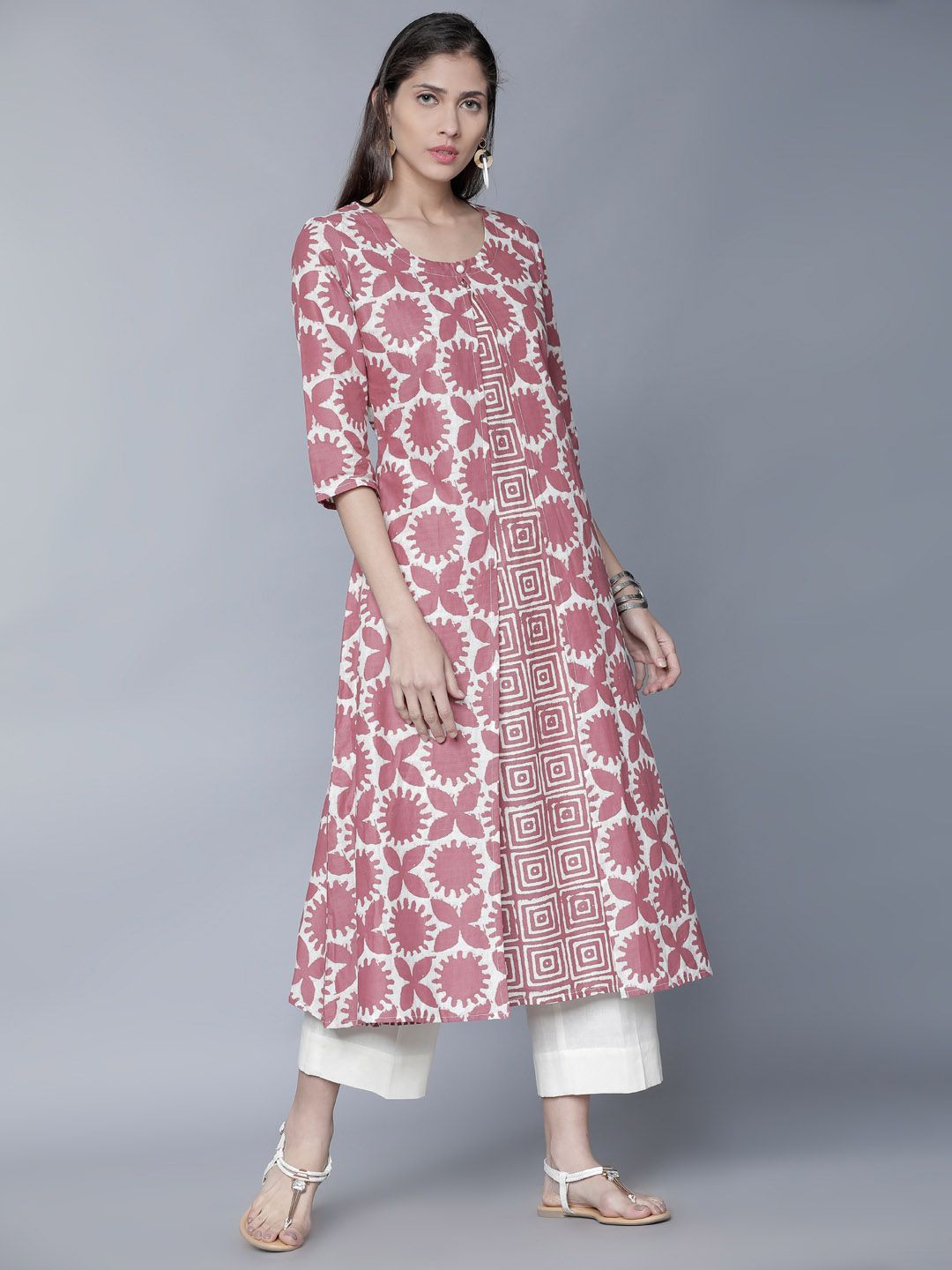 Vishudh Women Pink & Cream-Coloured Printed A-Line Kurta
