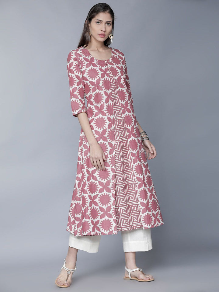 Vishudh Women Pink & Cream-Coloured Printed A-Line Kurta
