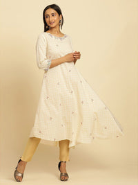 W White Ethnic Motifs Thread Work Boat Neck Cotton Anarkali Kurta