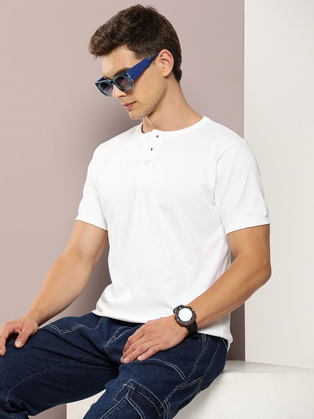 DILLINGER Men Henley Neck Honeycomb Structure T-shirt