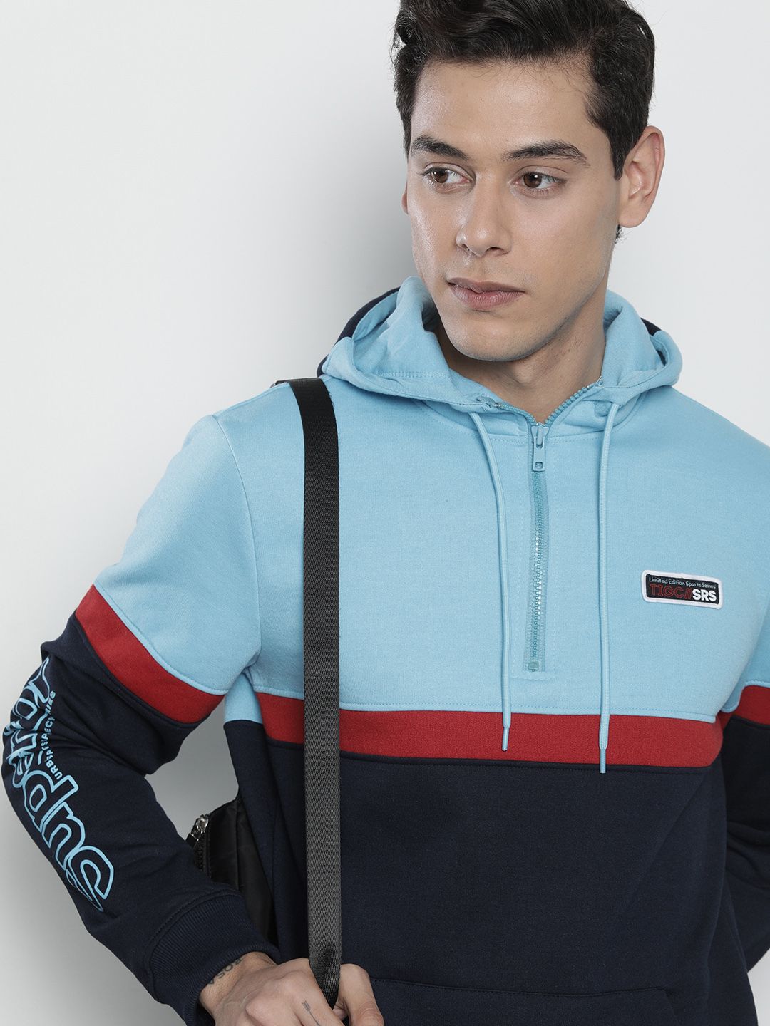 The Indian Garage Co Men Navy Blue Colourblocked Hooded Sweatshirt