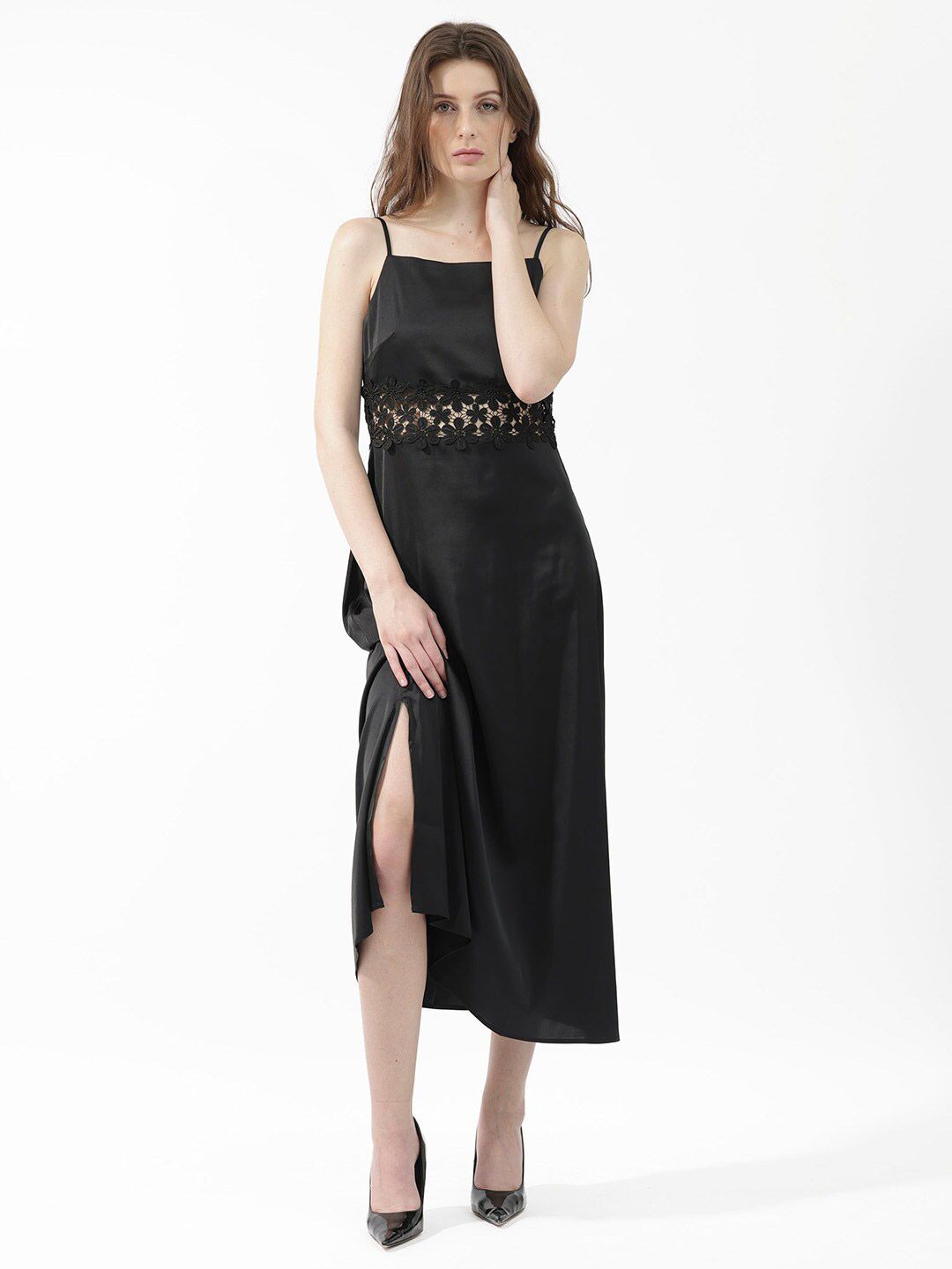 RAREISM Shoulder Straps Lace Inserts Fit & Flare Midi Dress