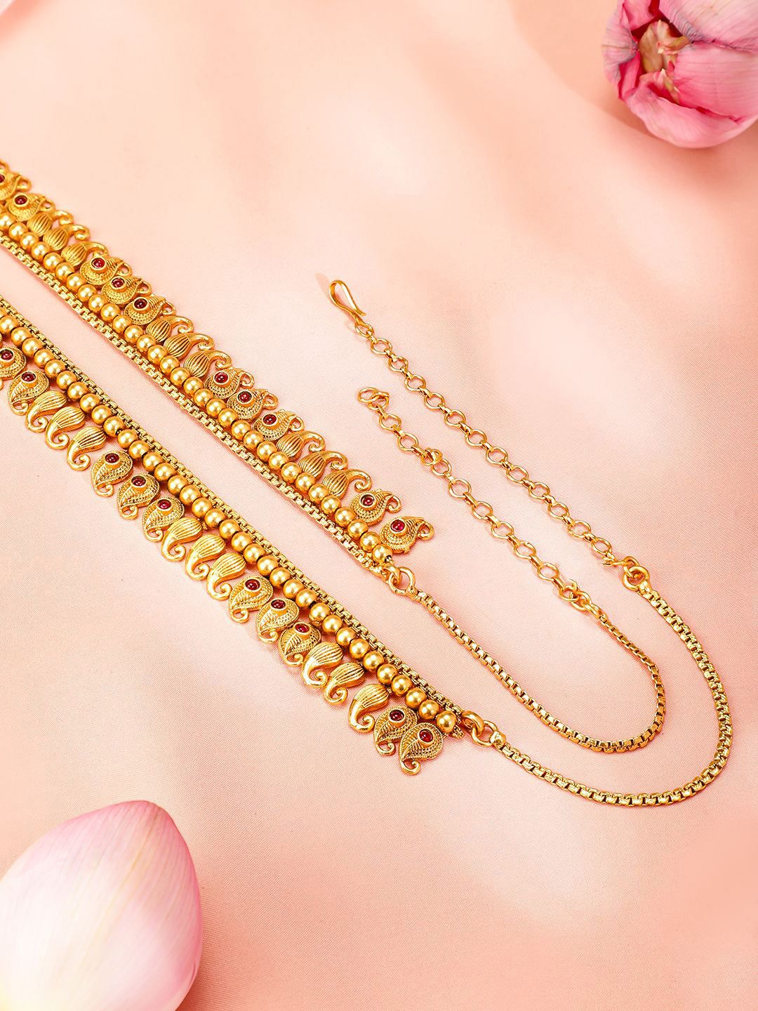 Rubans 22K Gold-Plated Ruby Studded Paisley Shaped Traditional Waist Chain Kamarbandh