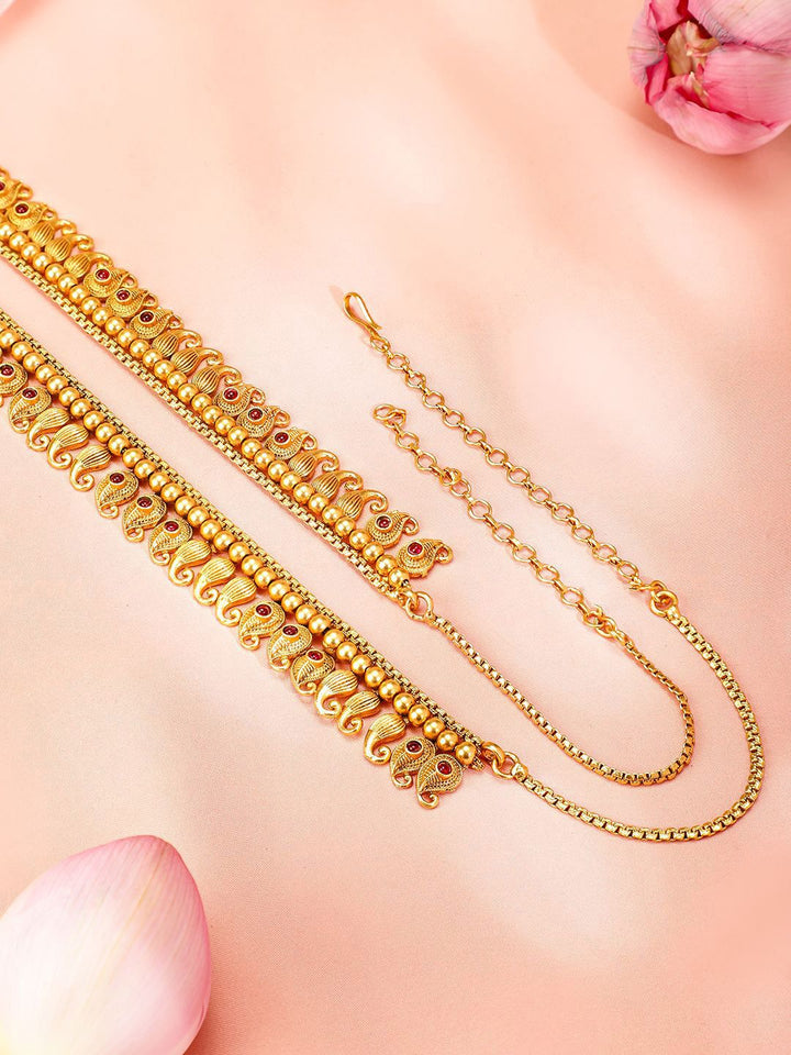 Rubans 22K Gold-Plated Ruby Studded Paisley Shaped Traditional Waist Chain Kamarbandh