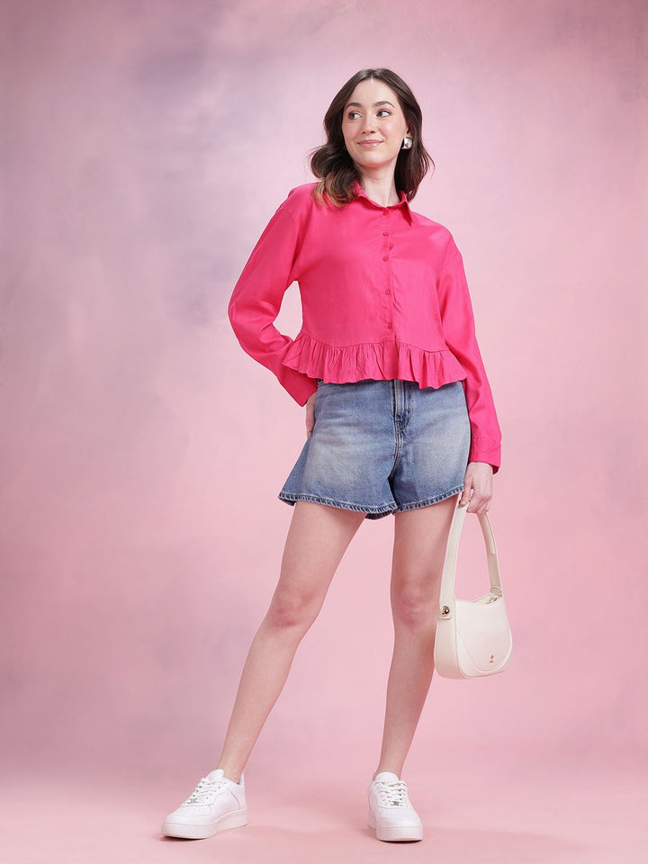 DressBerry Women Ruffled Spread Collar Casual Crop Shirt